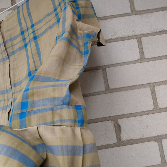 Vintage 50s Rockabilly Dress 41" Bust 33" Waist Khaki Blue Plaid Lightweight - Picture 9 of 12